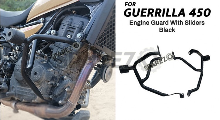 Fit For Royal Enfield Guerrilla 450 Large Engine Guard With Sliders Black - SPAREZO